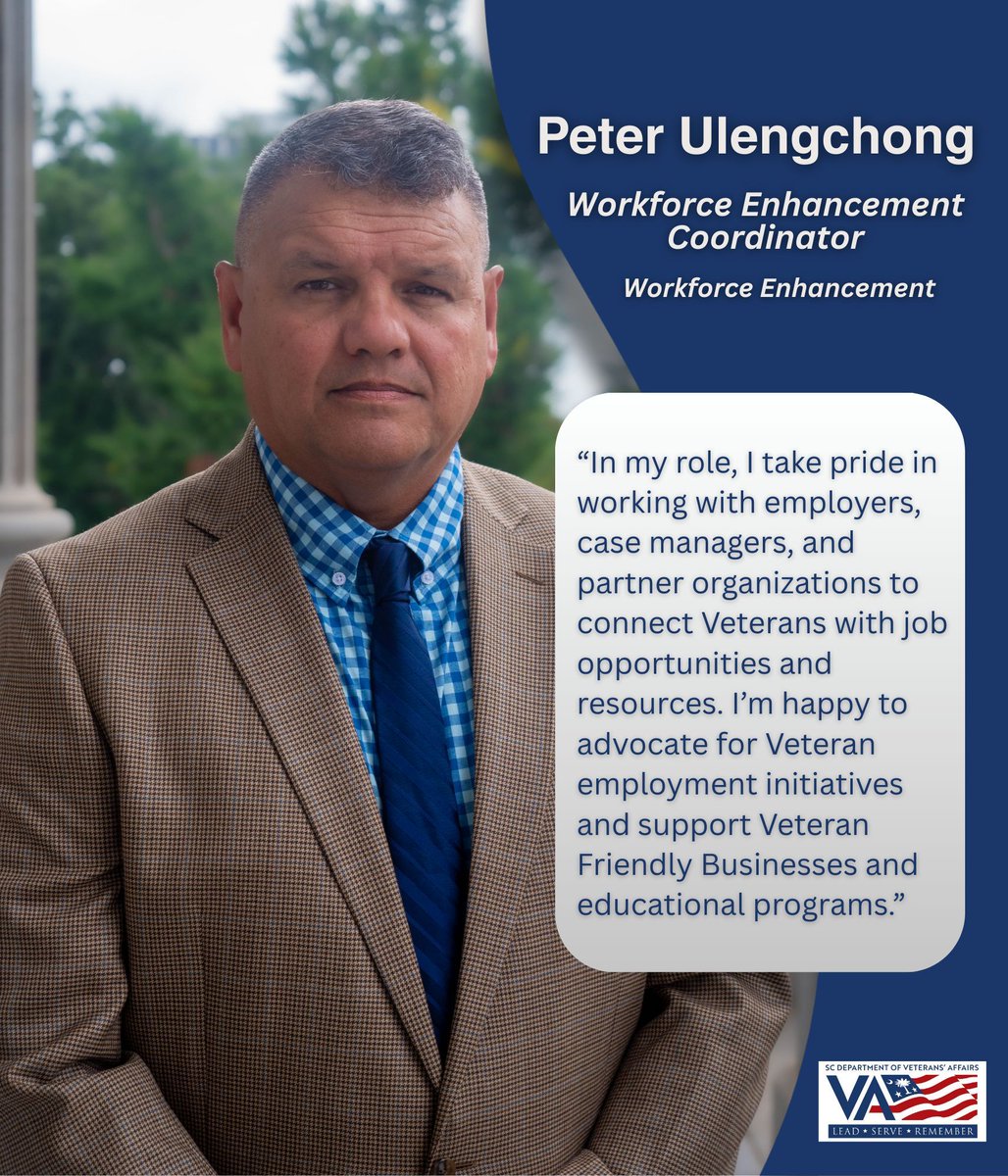 📣 Meet Peter Ulengchong, SCDVA’s Workforce Development Coordinator! 🇺🇸 

After retiring from the military, Peter felt a strong calling to continue serving his fellow Veterans and in July 2025, he joined SCDVA

#SCDVA #SCDeptVetAffairs #SCVeterans #SCVeteranJobs