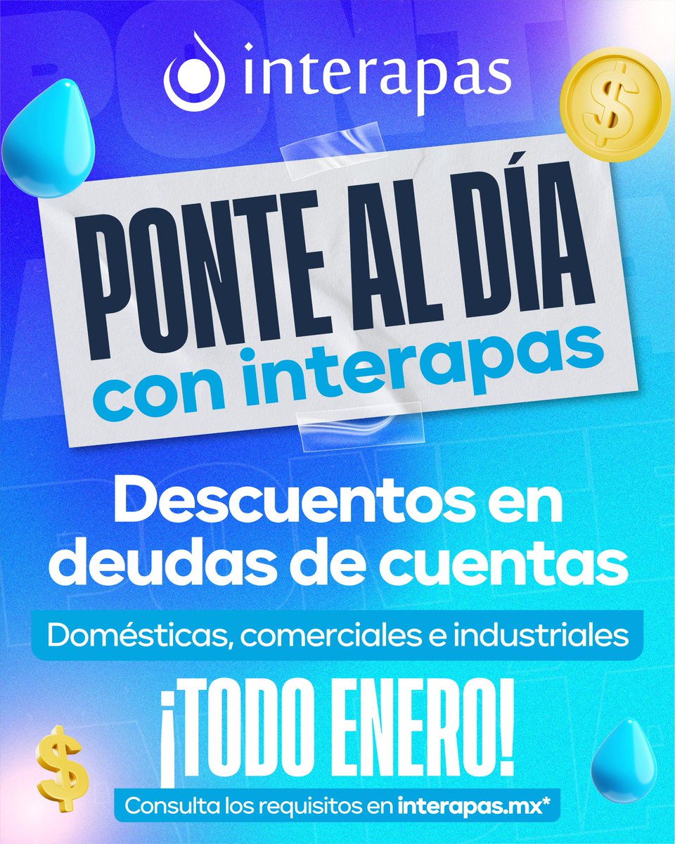 Este mes ¡Ponte al día con #Interapas! 😃🙌

👉Si tienes adeudos en tu cuenta, obtén un descuento de hasta el 50%.🤩 Tu pago nos ayuda a seguir modernizando la infraestructura hidráulica y sanitaria.👷💧

✅Tarifas domésticas, comerciales e industriales.
📲sindeuda.interapas.mx/Consulta