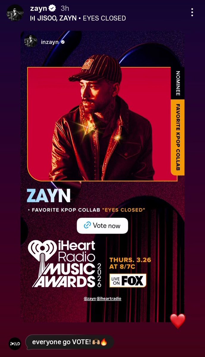 #JISOO and Zayn IG story. They both said VOTE!! 💪🏻