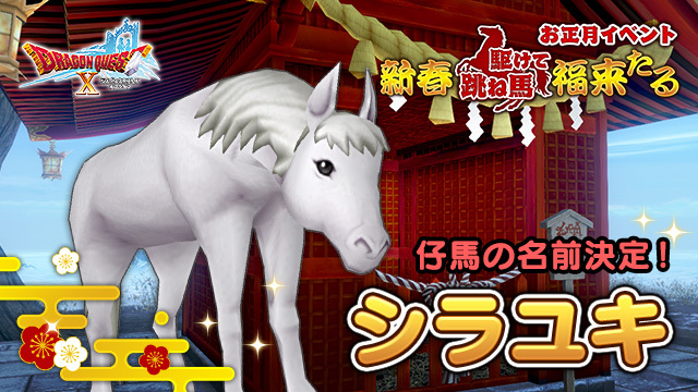 DQ_X's tweet image. 【おしらせ】お正月イベント「新春跳ね馬駆けて福来たる」にて、星明の宮で誕生した仔馬の名前が決定！
冒険者のみなさんからいただいたご意見により、名前は「シラユキ」に決まりました！
ご参加ありがとうございました！
シラユキの成長が楽しみですね！　#DQ10