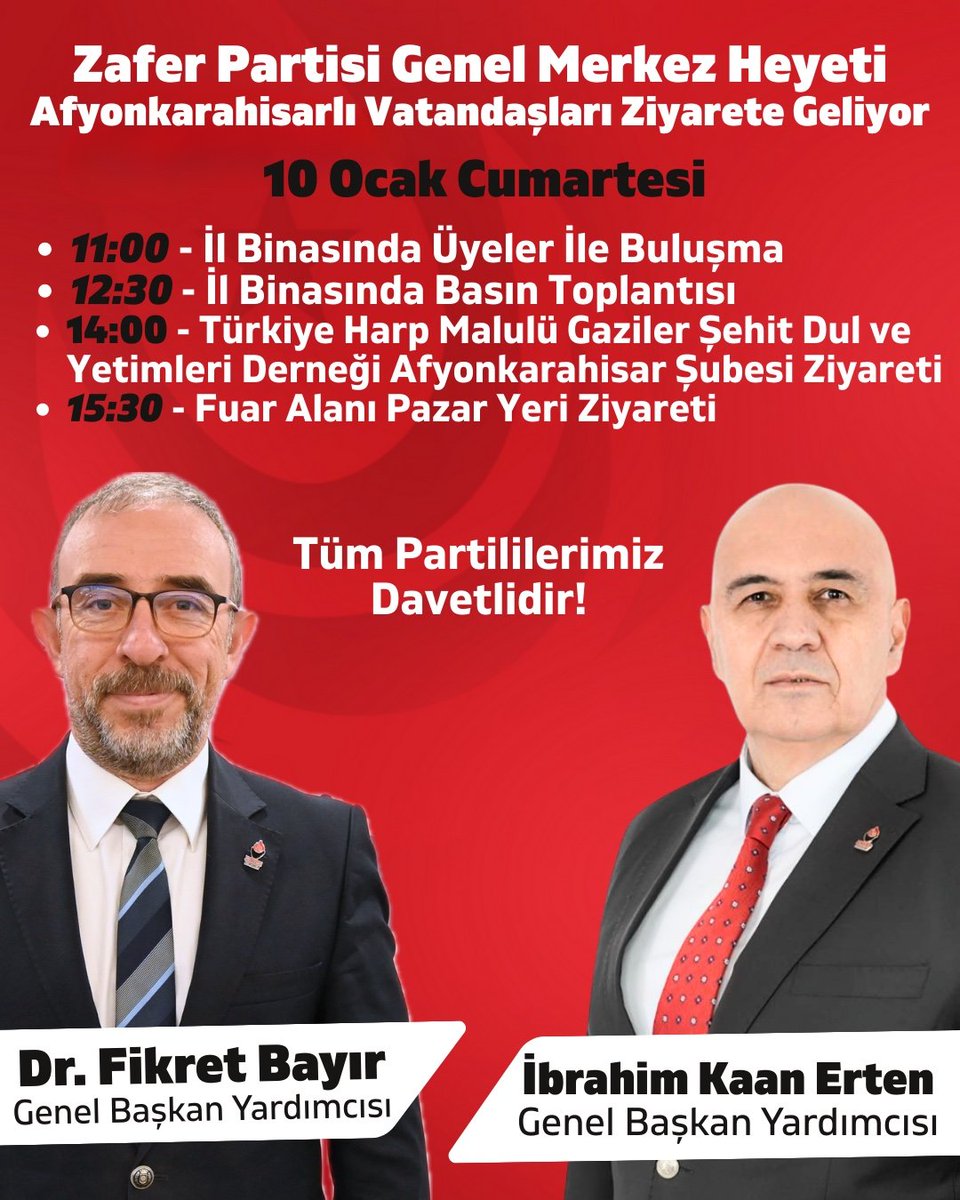 Genel Başkan Yardımcılarımız
Sayın Dr. Fikret Bayır ve Sayın İbrahim Kaan Erten’in

Afyonkarahisar Ziyaret Programı
Tarih: 10 Ocak Cumartesi

Tüm Partililerimiz Davetlidir.