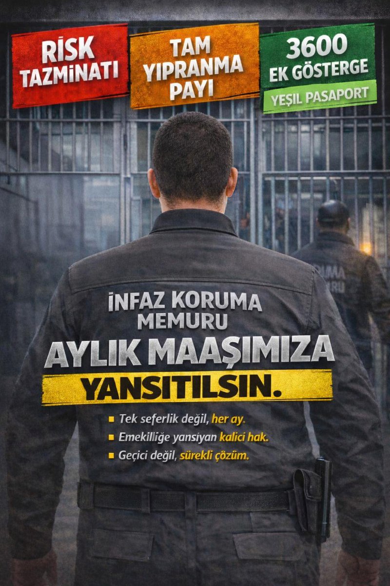 İnfaz koruma memurları, görevlerini yüksek risk, yoğun sorumluluk ve sürekli yıpranma altında yerine getirmektedir.

- Risk Tazminatı
- Tam Yıpranma Payı
- 3600 Ek Gösterge
- Yeşil Pasaport 

Taleplerinin eşitlik ilkesi gereği uygulamaya alınması oldukça önemlidir.
<a href="/yilmaztunc/">Yılmaz TUNÇ</a>