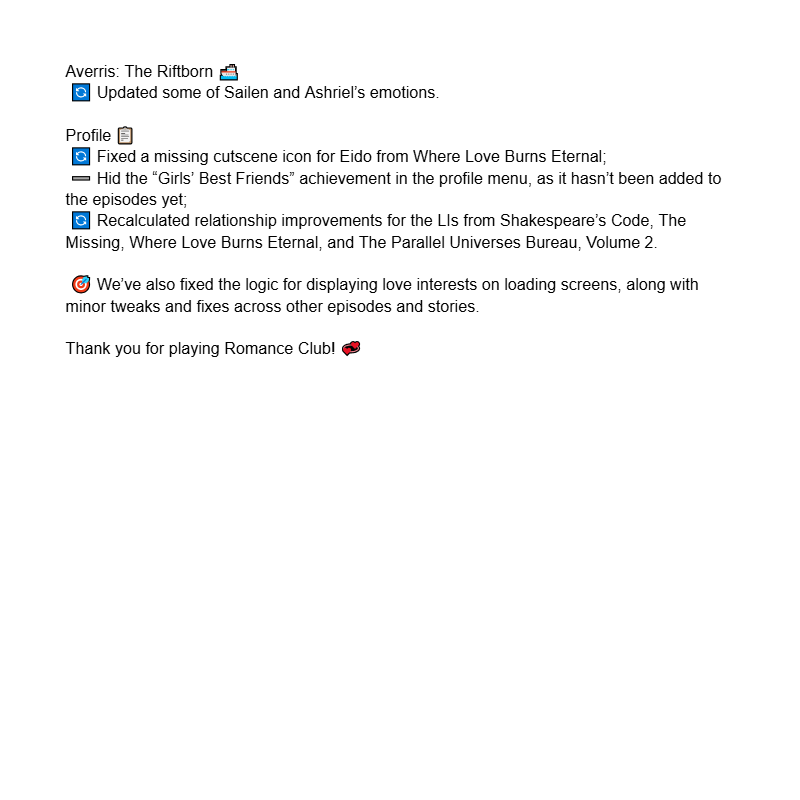 ysiromanceclub's tweet image. 🔔🔔🔔Dear friends,
The technical update is now available on all platforms. It doesn’t require updating the app and is already in effect.

#romanceclub #visualnovel #mobilegame