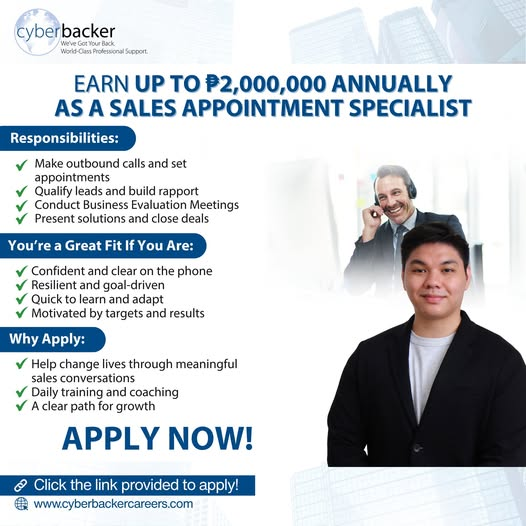 CyberbackerNice's tweet photo. Confident on the phone? Goal-driven by nature? 📷
Turn conversations into opportunities as a Sales Appointment Specialist.
Earn up to ₱2,000,000 annually!
📷 Apply today → https://t.co/68dByVfJi1 https://t.co/RBIjMwxkne