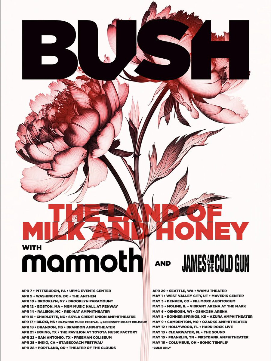 We’re taking our latest album on the road this Spring with <a href="/MammothWVH/">Mammoth</a> and #jamesandthecoldgun! 

Head to bushofficial.com to sign up for pre sale. 

On sale Fri 1/16 @ 10 am local. Limited VIP packages available.