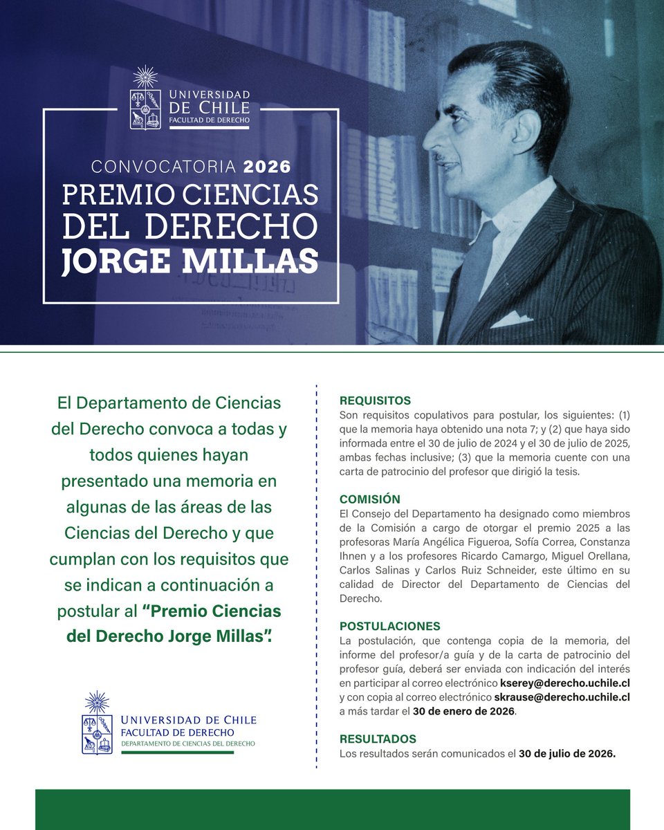 Les recordamos que hasta el 30 de enero se puede postular al Premio Ciencias del Derecho Jorge Millas de nuestra Facultad. Más detalles en el link: tinyurl.com/y75ut5hd