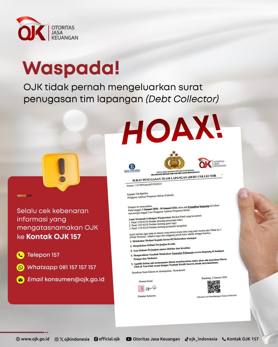 ojkindonesia's tweet image. Waspada Penipuan Surat Penugasan Tim Lapangan (Debt Collector)

Sobat OJK,

Hati-hati terhadap penipuan mengatasnamakan OJK. 
OJK tidak pernah mengeluarkan surat penugasan tim lapangan (Debt Collector).

Selalu cek kebenaran informasi yang mengatasnamakan OJK ke @kontak157.
