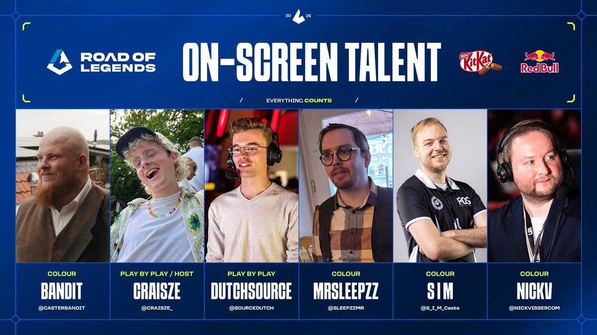 RoadOfLegends's tweet image. Het officiële talent roster voor 2026!

@CasterBandit 
@craisze_ 
@SourceDutch 
@SleepzzMr 
@S_I_M_Casts 
@NickVissersCom