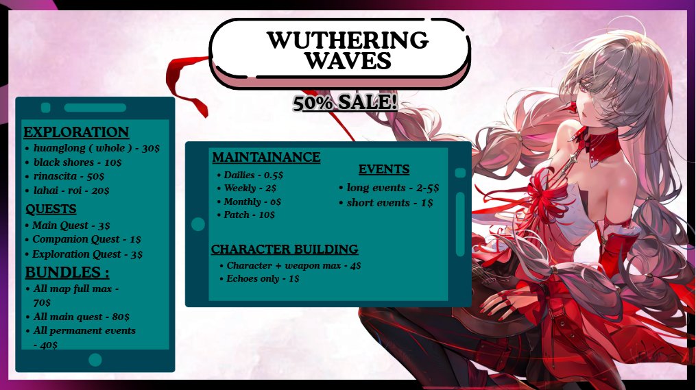 ravenpiloting's tweet image. NEW SALE IS FINALLY HERE!!
upto 50% off on many offers for genshin hsr wuwa zzz for the first 10 clients!

to avail or any question u can DM me!^^

LIKE and RT are very appreciated!