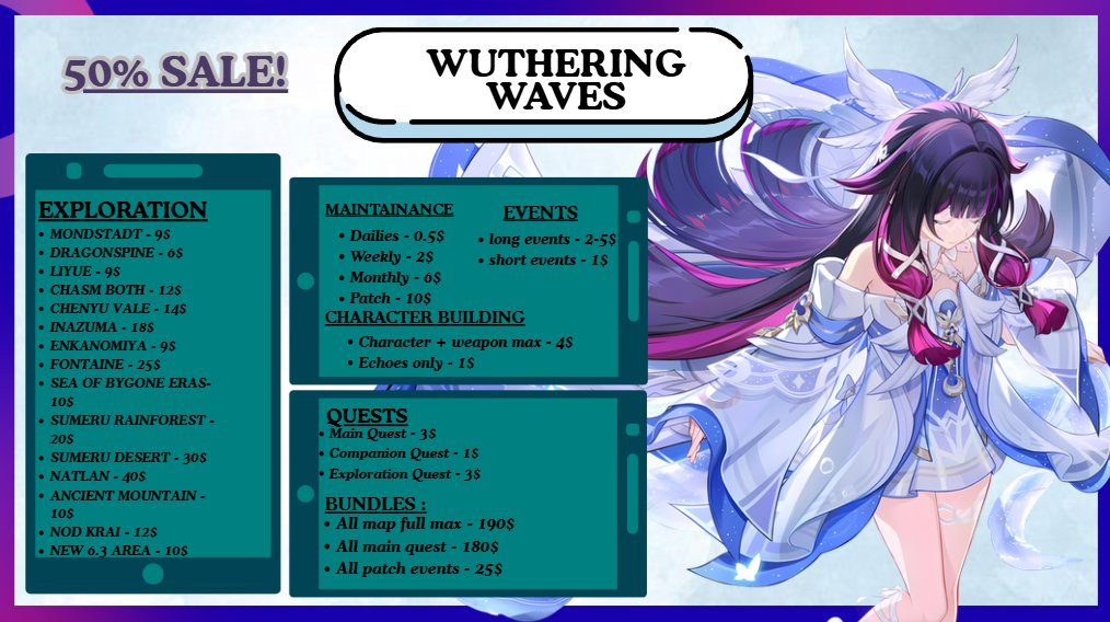 ravenpiloting's tweet image. NEW SALE IS FINALLY HERE!!
upto 50% off on many offers for genshin hsr wuwa zzz for the first 10 clients!

to avail or any question u can DM me!^^

LIKE and RT are very appreciated!