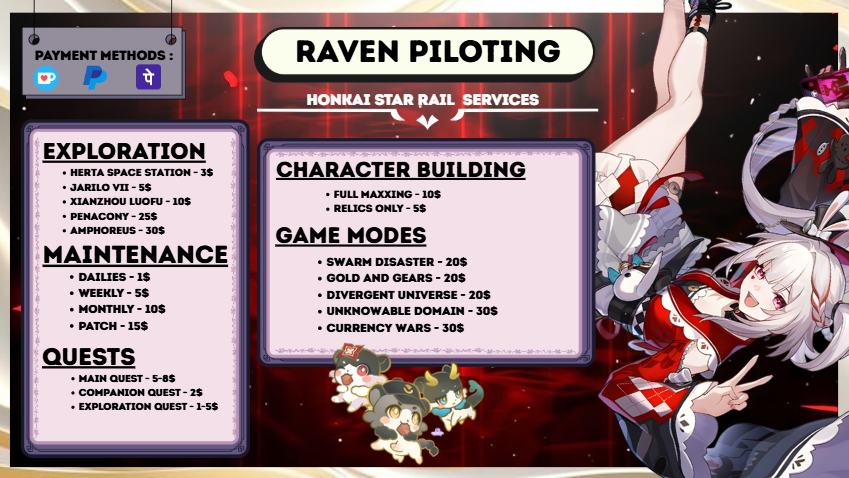 ravenpiloting's tweet image. NEW SALE IS FINALLY HERE!!
upto 50% off on many offers for genshin hsr wuwa zzz for the first 10 clients!

to avail or any question u can DM me!^^

LIKE and RT are very appreciated!