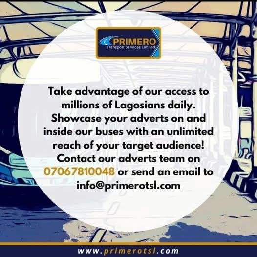 Take advantage of our access to millions of Lagosians daily. Showcase your advert on and inside our buses with unlimited reach of your target audience! Contact our adverts team on 07067810048 or send an email to info@primerotsl.com

#ad
#transport
#lagosbrt
#Primerotsl