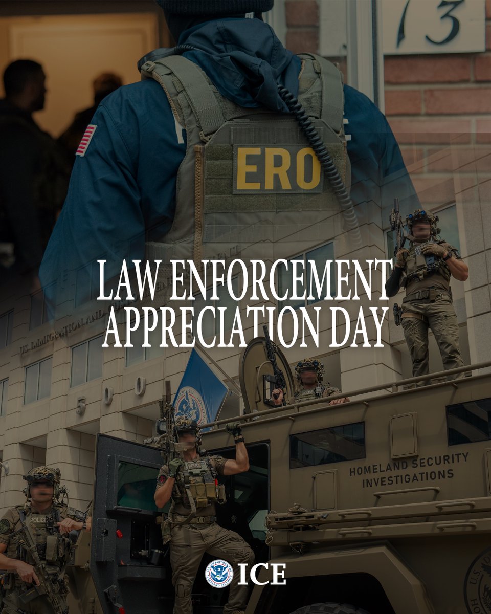 Today, ICE honors our brave federal, state and local partners who help support our mission despite constant attacks.

From our dedicated 287(g) partners to the federal officers and agents assisting with ICE’s mission every day in the face of escalating violent attacks and