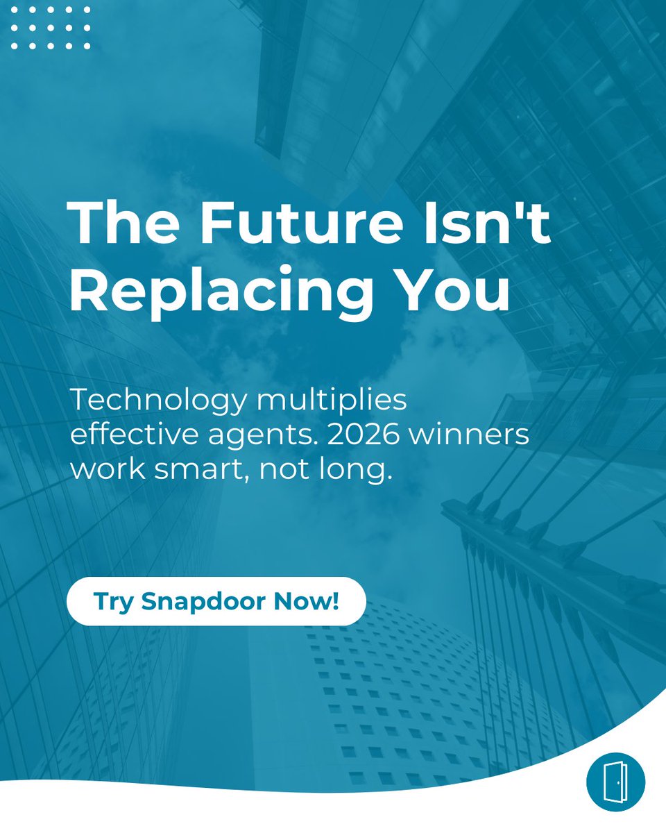 Snapdoor's tweet photo. Tech isn't replacing agents, it's multiplying the effectiveness of those who embrace it.

The agents winning in 2026 automated the busywork and doubled down on relationships.

Try it: https://t.co/YSy21HpugD

#RealEstate #PropTech #AgentSuccess https://t.co/CYnHjzDDnC