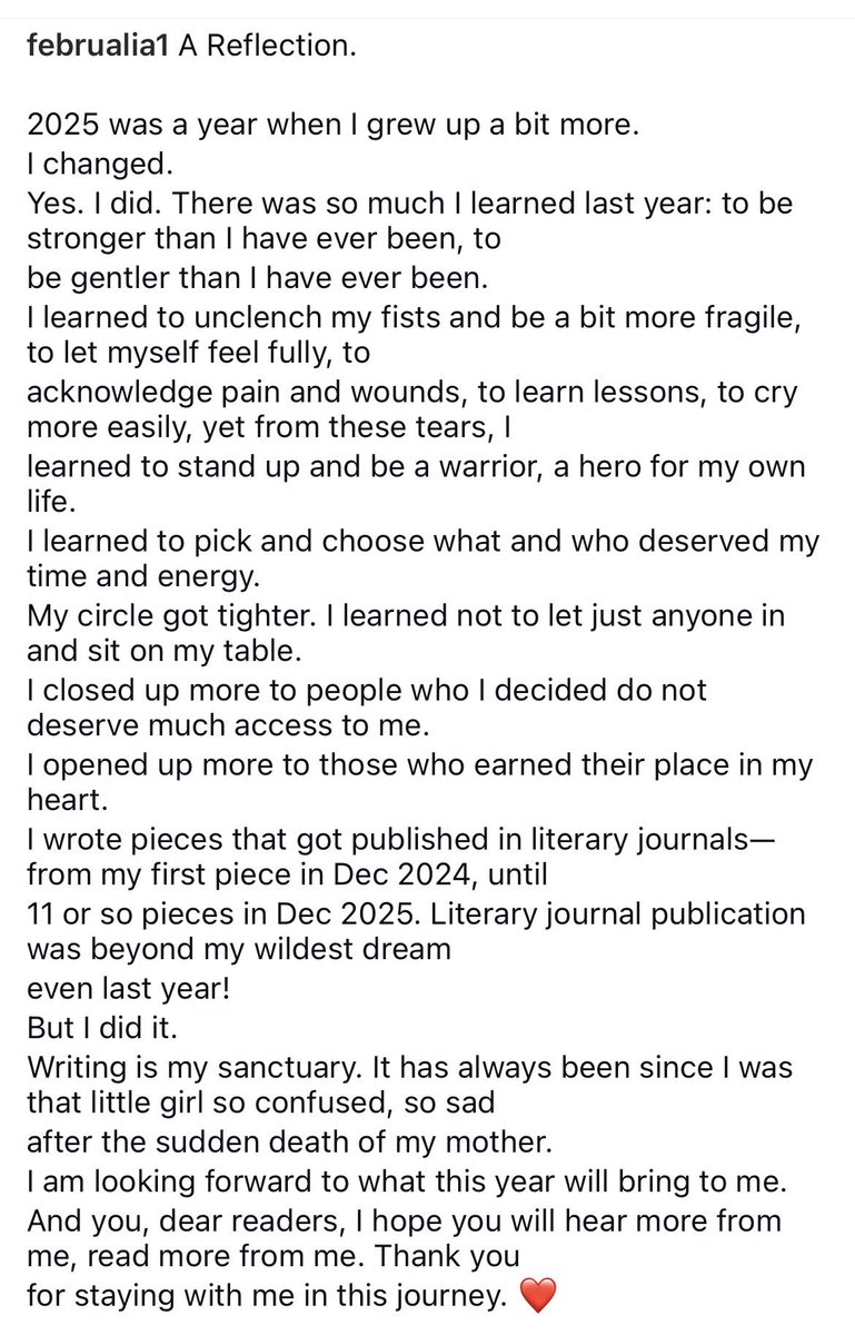 A reflection of my writing journey. 

If you’d like to follow me on my IG, it’s:

instagram.com/februalia1/

My author page:

docs.google.com/document/d/1Kc…

Thank you all 🙏🏻😊.

#liawrites