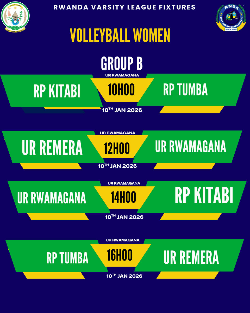 VOLLEYBALL (MEN &amp; WOMEN) 
Fast rallies, strong blocks, and nonstop energy await.
#VarsityLeagueRw volleyball returns this weekend! 
 Be there!
<a href="/Rwanda_Sports/">Ministry of Sports | Rwanda</a> <a href="/Rw_Volleyball/">FRVB | RWANDA VOLLEYBALL</a>