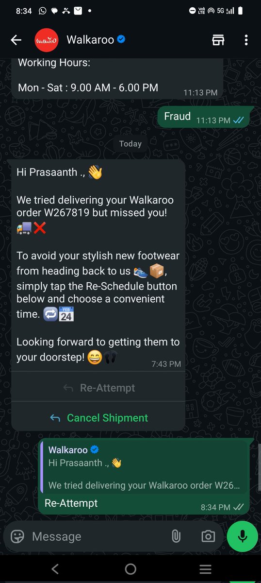 Lalithprashant's tweet image. Daily this Footwear Company @WalkarooIN is sending Me messages In whatsapp saying they tried attempting to deliver the Order I have Placed.but I haven't yet received the order and Noone has contacted me regarding This issue. #Walkaroo
#Footwear #Slipper
#Fraudster #Fraud