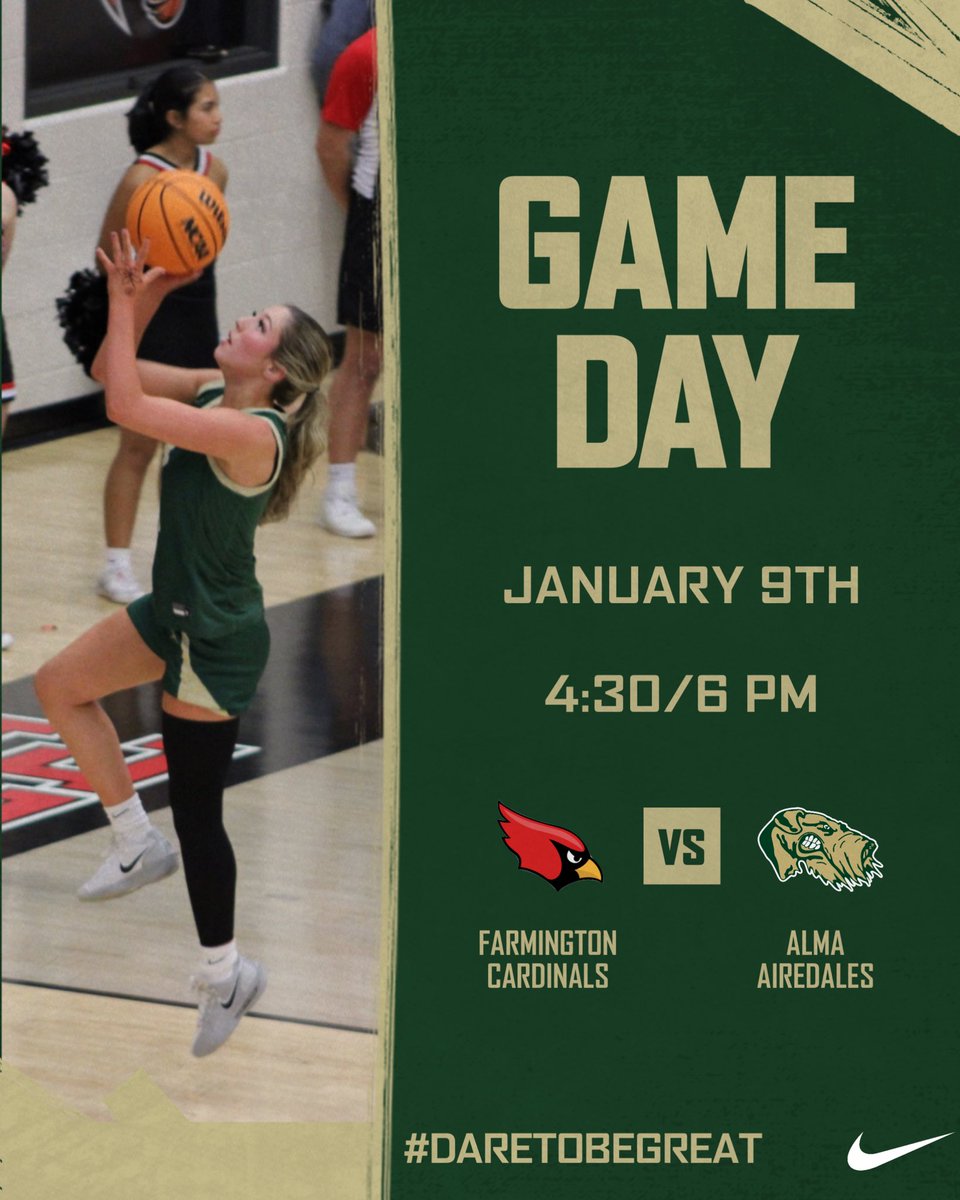 It’s GAMEDAY!! 5A West home conference opener for your Lady Airedales as we take on the Lady Cardinals ‼️🏀 #daretobegreat 
🆚 Farmington
📍 Charles B. Dyer Arena
⏰ JV- 4:30 V- 6 PM
📺 YouTube (Alma School District)