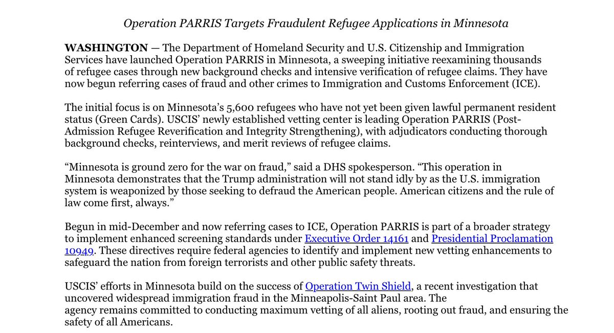 baldwin_daniel_'s tweet image. NEW: DHS and USCIS have launched Operation PARRIS in Minnesota where they will be "reexamining thousands of refugee cases through new background checks and intensive verification of refugee claims."

All hands on deck in Minnesota.