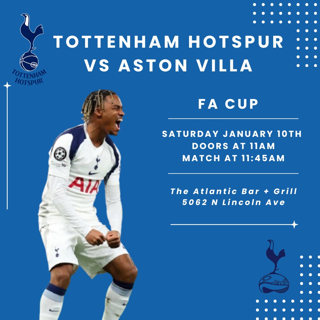 Join us at the Atlantic for an FA Cup match against Aston Villa. 
Doors at 11.
Match at 11:45.
#thfc #tottenham #chicagospurs #coys