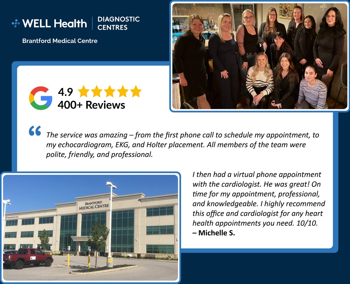 welldiagnostics's tweet image. This week we’re featuring our accredited diagnostic facility in the Brantford Medical Centre, where we provide OHIP-covered cardiology services. Led by Faraz Ahmed and Janice Davidson, their team has earned a 4.9 Google star rating from 400 patient reviews!