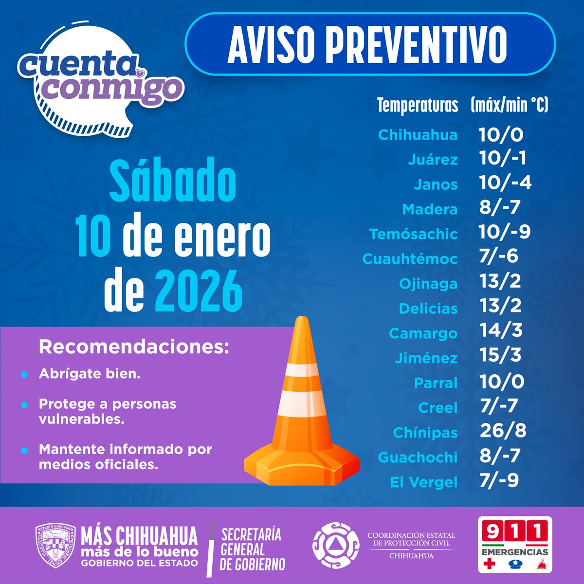 CEPC_Chih's tweet image. Sábado 10 | Chihuahua
❄️ Ambiente muy frío por la mañana y frío a fresco por la tarde; en la sierra se prevé frío intenso con heladas.
⛅ Cielo despejado a parcialmente nublado.
💨 Vientos moderados a fuertes, rachas intensas principalmente en el suroeste y occidente del estado.