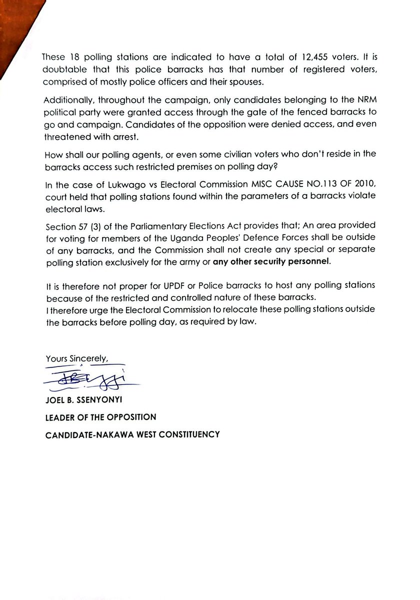 JoelSsenyonyi's tweet image. The law prohibits the placing of polling stations within barracks.
There are polling stations which on paper are outside the Naguru-Ntinda barracks, but the ground assessment shows they were actually positioned inside the fenced barracks, contrary to electoral laws, because…