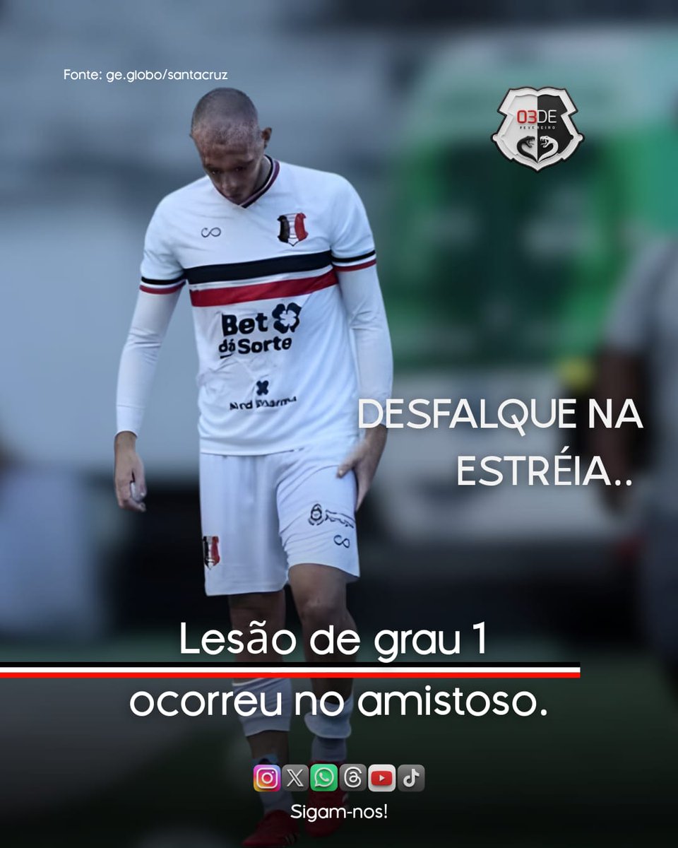 canal0302's tweet photo. 🇾🇪 LESIONADO!

🔻 Recém-contratado para a zaga tricolor, o zagueiro Iansson sentiu a coxa ainda no primeiro tempo do amistoso contra o Defensor y Justicia. Após a realização de exames de imagem nesta quarta-feira, foi constatada uma lesão grau 1 na coxa.
Com isso, o defensor ficará fora de combate por 7 a 10 dias e não deve ser relacionado para a estreia do Santa Cruz no Campeonato Pernambucano, contra o Decisão.

🗞 | @canal03defevereiro
✒ | @eialbuquerqueof

📲 Siga ◼◾▪ @canal03defevereiro  em todas as mídias 🐍

⚫⚪🔴👊🏽

Patrocínio e Parcerias:
✈️ | @rockinntravel.br

⚠️ SEJA MEMBRO 💪🏽💪🏽💪🏽
Apoie o nosso trabalho!