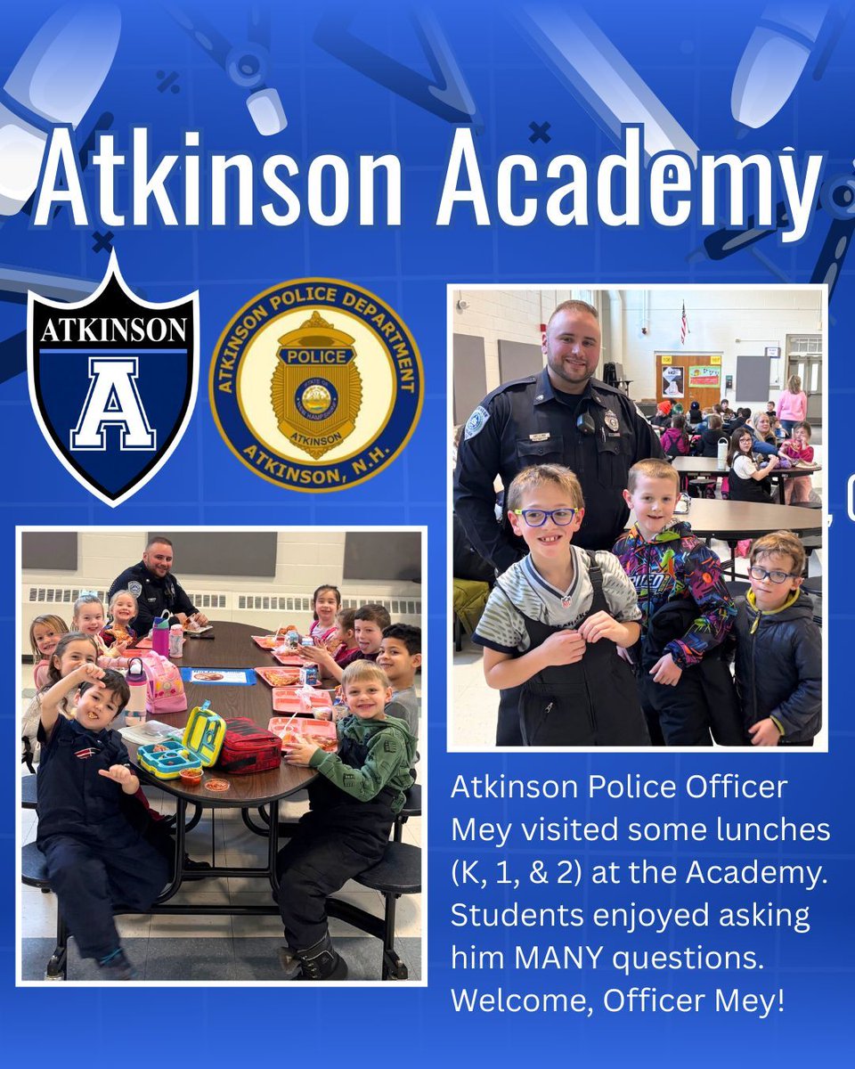 AtkinsonAcademy's tweet image. Atkinson Police Officer Mey visited some lunches (K, 1, &amp;amp; 2) at the Academy. Students enjoyed asking him MANY questions. Welcome, Officer Mey!