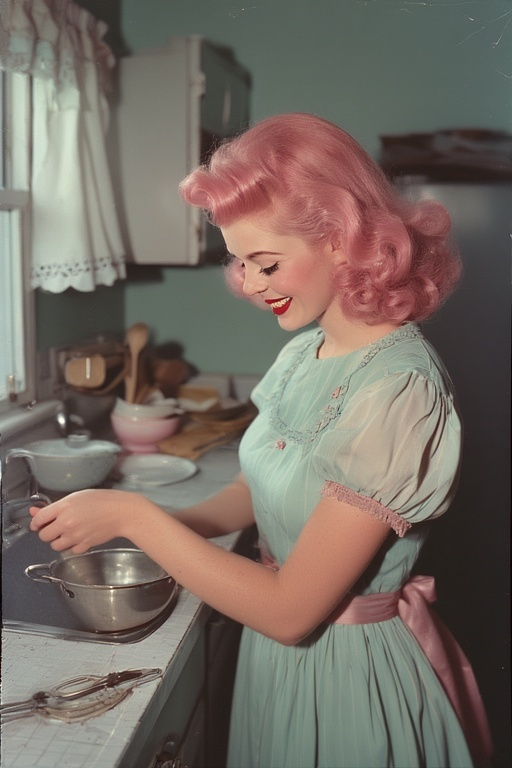 Holly absolutely LOVES dishes duty! No machines here, all dishes are carefully maintained by true Stepford hands. Scrub them good for Husband, Holly~!