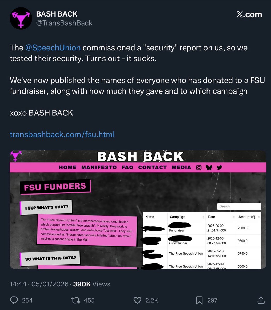 MrAndyNgo's tweet image. A British extremist trantifa group has posted a claim of responsibility on Jan. 5 for the hacking of the Free Speech Union website. Bash Back published the names and personal information of donors. 

FSU got an emergency court injunction to force Bash Back to take down the hacked…