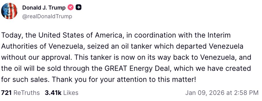 WhiteHouse's tweet image. "Today, the United States of America, in coordination with the Interim Authorities of Venezuela, seized an oil tanker which departed Venezuela without our approval..." - President Donald J. Trump