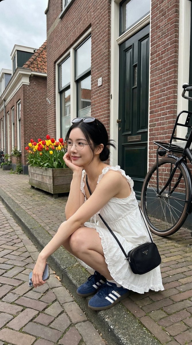 Hello from the Netherlands.
Prompt <a href="/miilesus/">Melis✨</a> 
{
  "scene": {
    "description": "Ultra-photorealistic candid outdoor photo on a charming Dutch residential street. Young woman squatting on the brick sidewalk in front of a traditional house, captured in a natural candid moment",