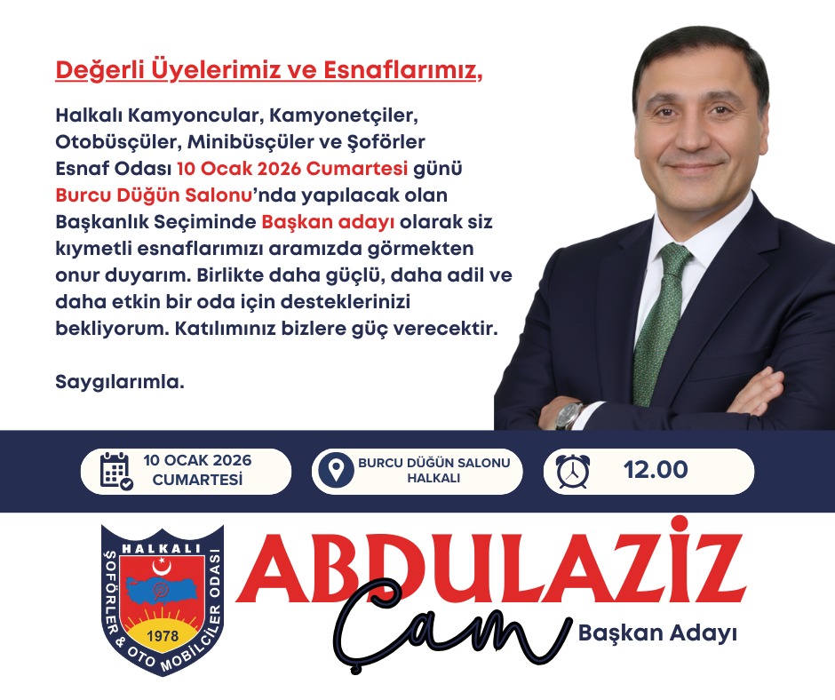 Değerli Üyemiz 
10 Ocak Cumartesi Günü Saat:12:00'de Halkalı Esnaf ve Şoförler Odası Seçimi Vardır 
Bünder Genel Başkan Yardımcımız Sayın Abdülaziz ÇAM Başkan Adayıdır  Müsait Olan Herkesi Halkalı Merkezinde Bulunan Burcu Düğün Salonu Önüne Bekliyoruz. Saygılarımızla #bünder