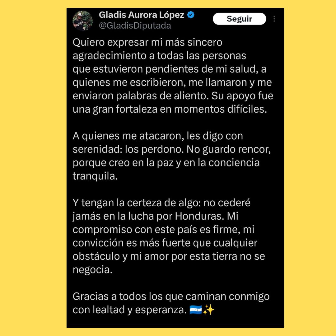 TVEShn's tweet image. #tvesteinforma | Tras el ataque en el Congreso Nacional, la diputada Gladys Aurora López agradeció las muestras de apoyo, aseguró que perdona a los responsables y reiteró que continuará firme en la lucha por Honduras, apostando por la paz y la democracia.
#tves #noticias