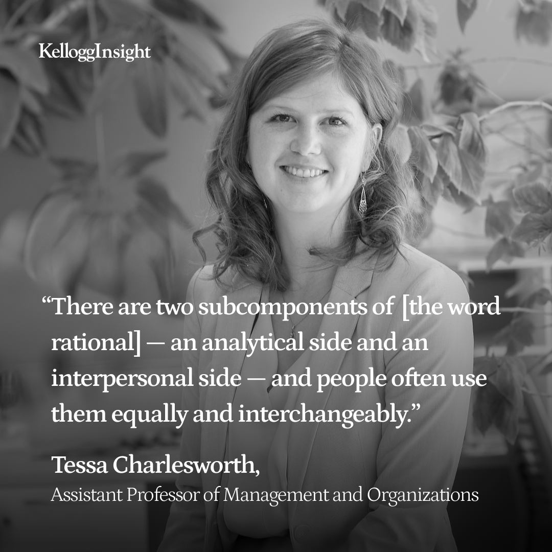 KelloggSchool's tweet photo. Words hold weight 🗣️ 
Professor Tessa Charlesworth’s study analyzing 840 billion words reveals the different definitions and subtle stereotypes of the word “rational.” 

Learn how language plays a role in our everyday thoughts and decisions: https://t.co/48TvG96wLA https://t.co/vmtgQI6NbW