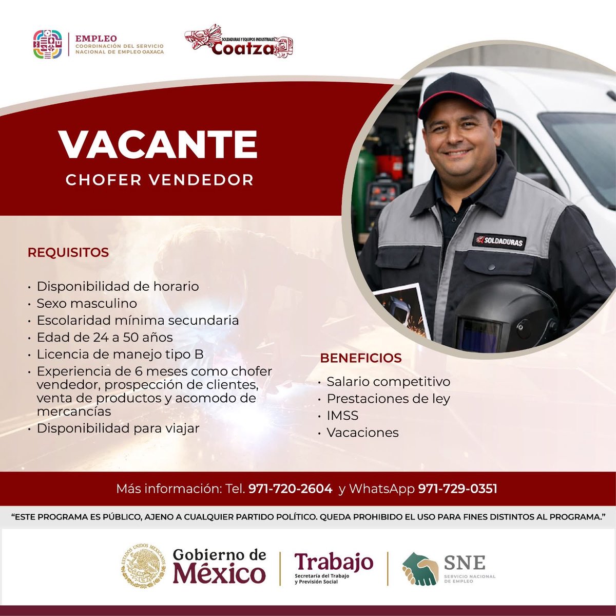 SNEOaxaca's tweet image. #VACANTE DE CHOFER VENDEDOR EN LA REGIÓN DEL ISTMO

MÁS INFORMACIÓN A TRAVÉS DE LA OFICINA REGIONAL SNE Oaxaca: Istmo
📞 Teléfono: 971-720-2604
📱 WhatsApp: 971-729-0351

 #SNE #Oaxaca #Empleo #EmpleoFormal #Istmo #Trabajo #OfertasDeTrabajo #Enero #VacantesLaborales