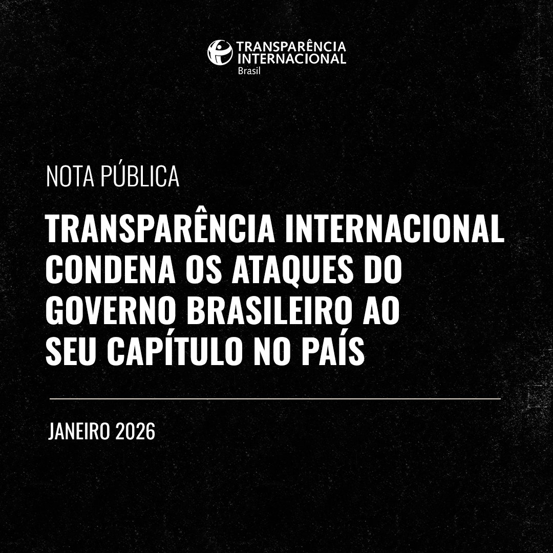 TI_InterBr's tweet photo. A Transparência Internacional (@anticorruption)  manifesta extrema preocupação com o fato de que seu capítulo brasileiro está enfrentando uma escalada de assédio vinda de membros do governo brasileiro, após mais um episódio de uma série de tentativas de deslegitimar seu trabalho por meio de acusações infundadas e declarações de motivação política.

Esses ataques acontecem apesar de o governo brasileiro ter reiteradamente enfatizado o papel essencial que as organizações da sociedade civil têm na formulação de políticas públicas e nos processos de tomada de decisão, como parte de um sistema de governança democrática, com responsabilização e prevenção da corrupção, principalmente em programas de investimentos públicos de larga escala.

A Transparência Internacional – Brasil tem exercido um papel importante nas discussões sobre políticas públicas e nos mecanismos de controle, inclusive por meio de participação em iniciativas governamentais. Seu trabalho tem buscado, de maneira consistente, apoiar as instituições públicas, identificando riscos, fortalecendo salvaguardas e contribuindo, com recomendações baseadas em evidências concretas, para proteger os recursos públicos.

François Valérian, presidente do Conselho global da Transparência Internacional, afirmou:

“A Transparência Internacional apoia firmemente seu capítulo brasileiro. As organizações da sociedade civil devem ter condições de exercer seu papel democrático fundamental de análise independente e de fazer críticas sem medo de retaliação, assédio ou criminalização. Solicitamos ao governo brasileiro que cesse o assédio aos nossos colegas, de acordo com o seu compromisso declarado de respeito à sociedade civil”.

A Transparência Internacional conclama o governo brasileiro a esclarecer seus posicionamentos públicos, abster-se de declarações infundadas e reafirmar seu compromisso com a proteção do espaço cívico e a fiscalização independente.

Leia a nota completa no site 👉 https://t.co/LJINCFSkkv