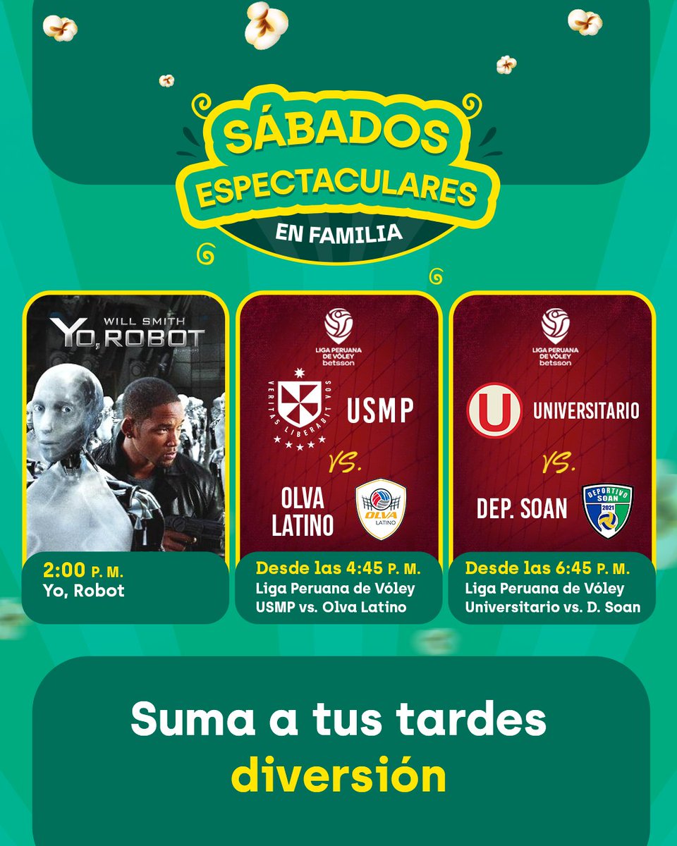 Latina_pe's tweet photo. 🎉 Disfruta de tus SÁBADOS espectaculares en familia 📺
Desde la tarde disfruta de una gran película llena de emoción y acción con #YoRobot. 🎬 Luego vive la emoción de La Liga Peruana de #Vóley 🇵🇪🏐 , para después vibrar con el talento de los mejores imitadores en #YoSoy casting 🎤. Y para cerrar la noche, un clásico imperdible: #Misterio. 🔥