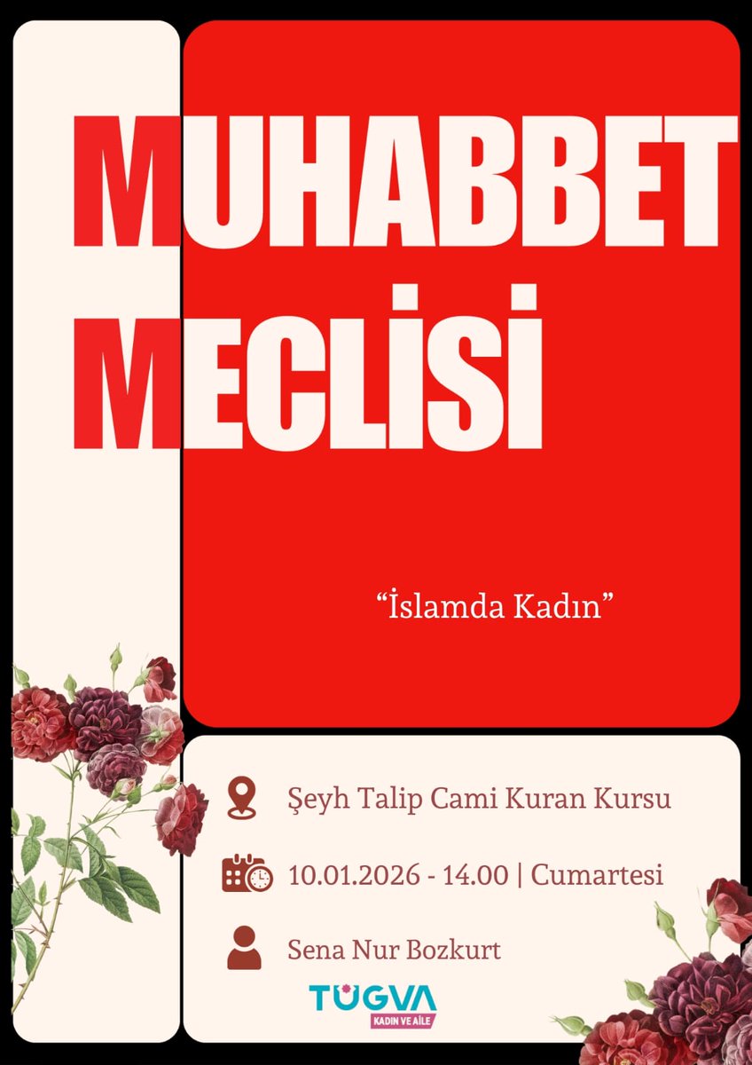 İslam’ın nazarında kadının yeri ve değeri üzerine
Muhabbet Meclisinde buluşuyoruz.
“İslam’da Kadın”
📅 11.01.2026
🕒14.00
📍 Şeyh Talip Cami Kuran Kursu