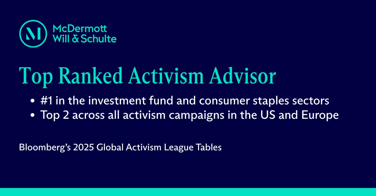 McDermottLaw's tweet photo. Proud to once again be ranked in @Bloomberg’s 2025 Global Activism League Tables, including a top ranking for activist representation in the investment fund and consumer staples sectors.

Learn more about what sets our Shareholder Activism practice apart: https://t.co/G27CzkipNm https://t.co/EkQOnuqq3v