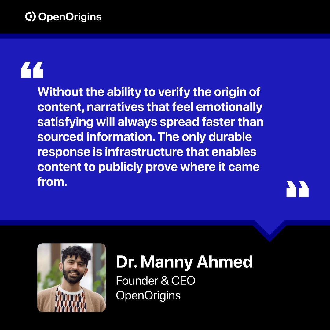 OpenOrigins's tweet image. As @hu_manny_ty points out, once realistic media can be generated at scale, trust no longer comes from how something looks. It comes from whether origin can be proven.