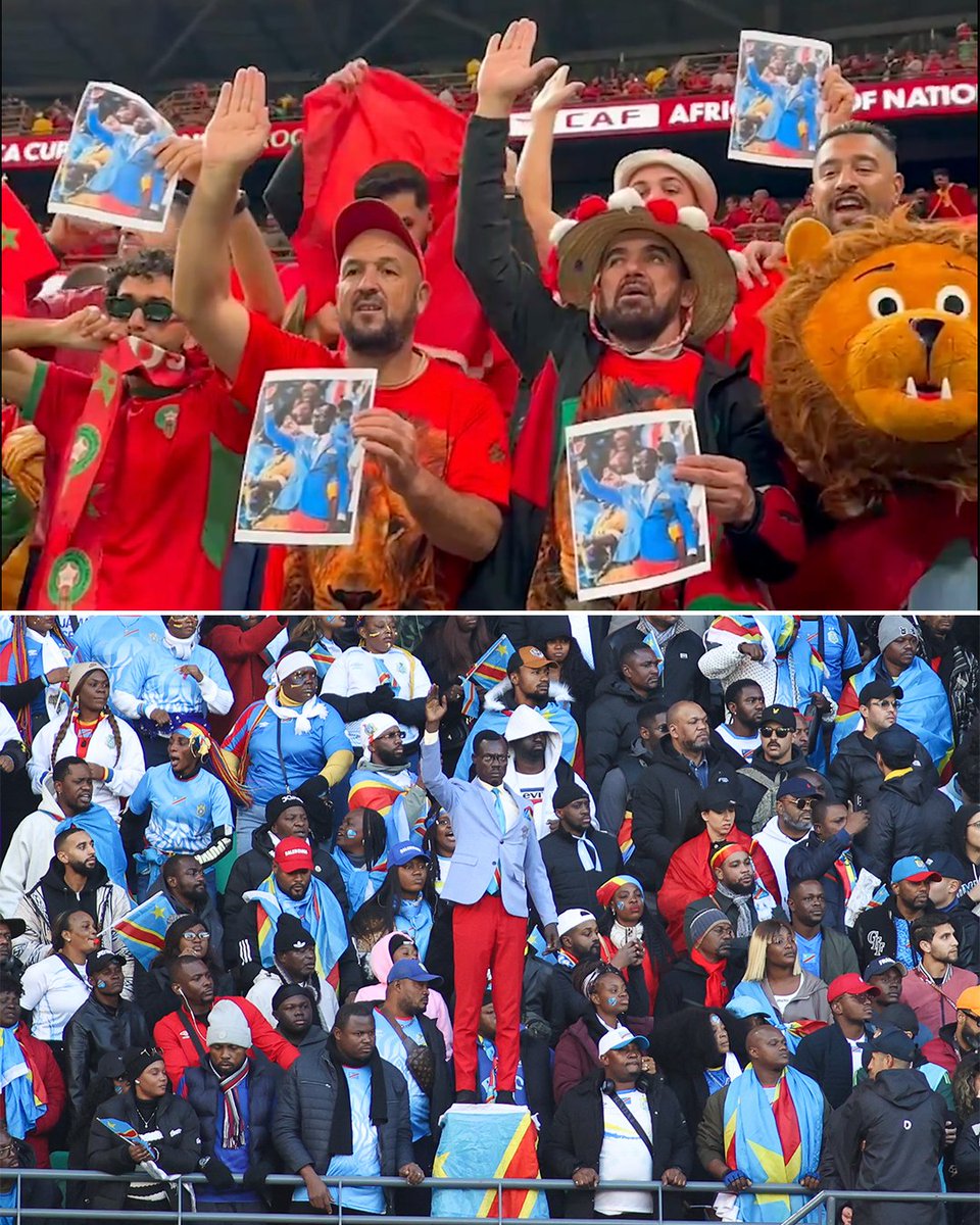 ESPNAfrica's tweet image. Morocco fans showing their support for Kuka Muladinga, whose stance during during DR Congo’s AFCON matches honours Patrice Lumumba, the nation’s first prime minister ❤️