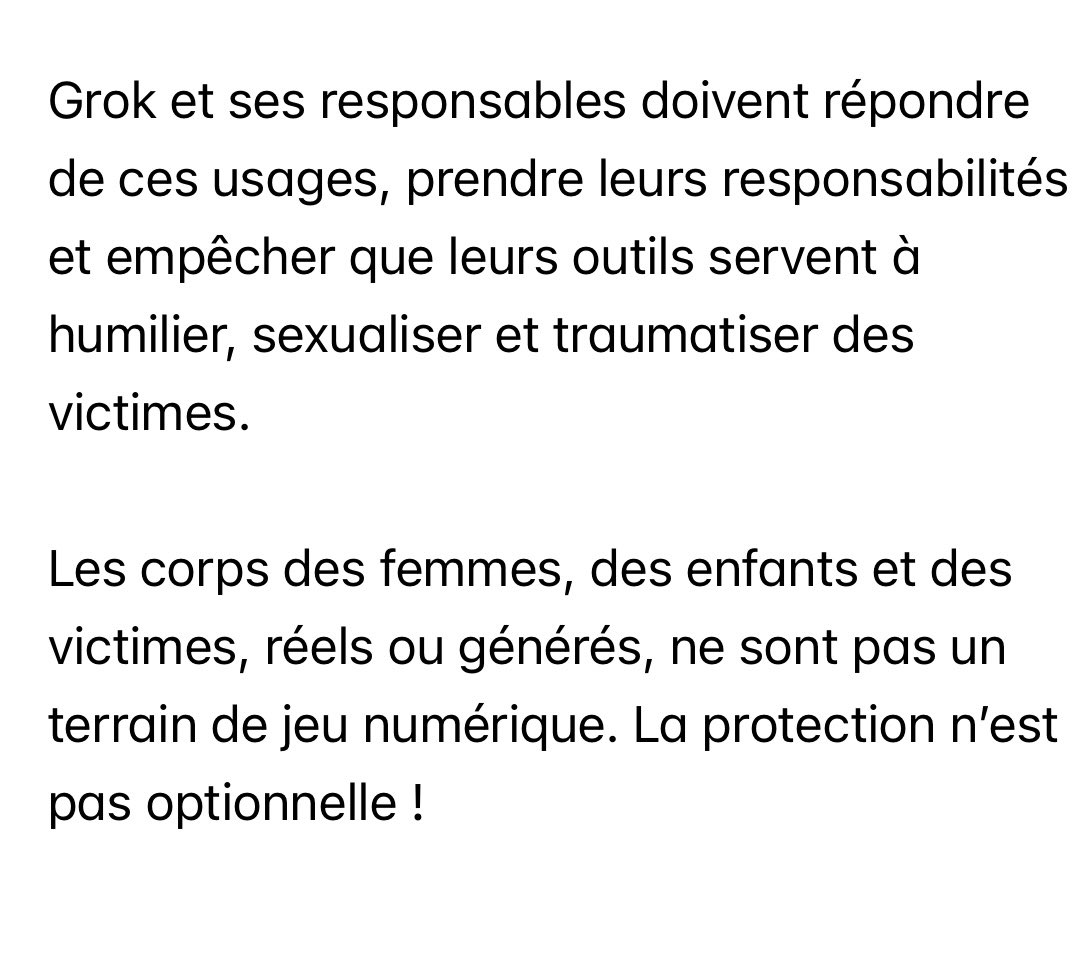 Absolument scandaleux. 

S’acharner numériquement via Grok sur des victimes, et en particulier sur des personnes déjà marquées par un drame comme celui de Crans-Montana, est une violence intolérable. 
J’ai saisi la justice, l’<a href="/Arcom_fr/">Arcom</a> et Pharos.