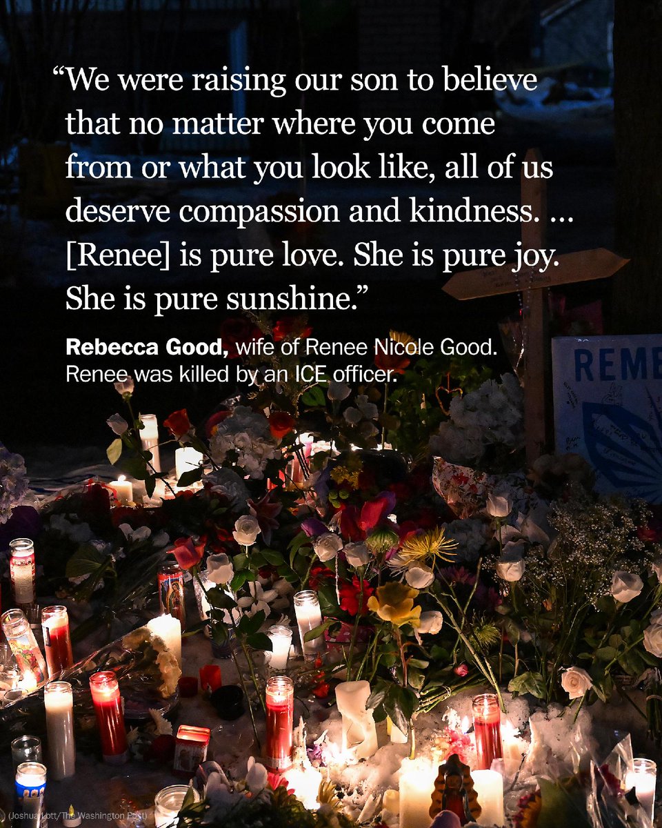 Renee Nicole Good had “stopped to support our neighbors” when she was fatally shot by an ICE officer in a confrontation on a residential street in Minneapolis, her wife said.
wapo.st/4soM6sC