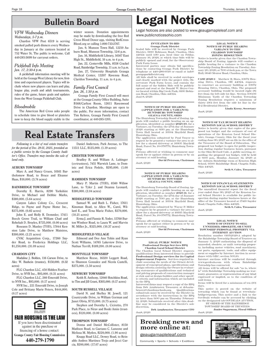 MiddlefieldPost's tweet image. 📢 Legal Notices are now published in the Geauga County Maple Leaf.

Public hearings, bids, zoning actions &amp;amp; more — all in one place.

📰 Read in print or online:

👉 geaugamapleleaf.com/news/legal-not…

#LegalNotices #PublicNotice #GeaugaCounty