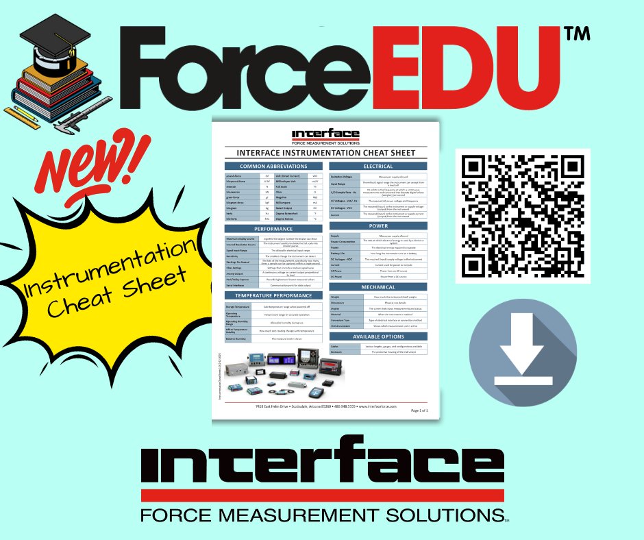 loadcells's tweet image. Interface ForceEDU has released a new cheat sheet for instrumentation. Learn the common abbreviations, performance terms, mechanical and electrical information, and more. Download Now! interfaceforce.com/wp-content/upl… #ForceEDU #LoadCells #ForceMeasurement #Instrumentation #STEM