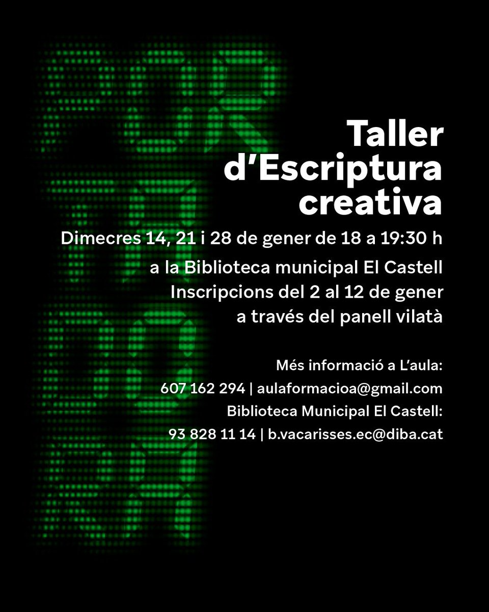 ramonbartrina's tweet photo. TALLER D'ESCRIPTURA CREATIVA 

📌L'Aula Formació (Vacarisses)
⌛14, 21 i 28 de gener de 18.30h-20h

· contes a diverses mans
· reescriptura del passat
· el relat de la imatge
· literatura breu

@ajvacarisses
#escripturacreativa https://t.co/zjBXEZsB24
