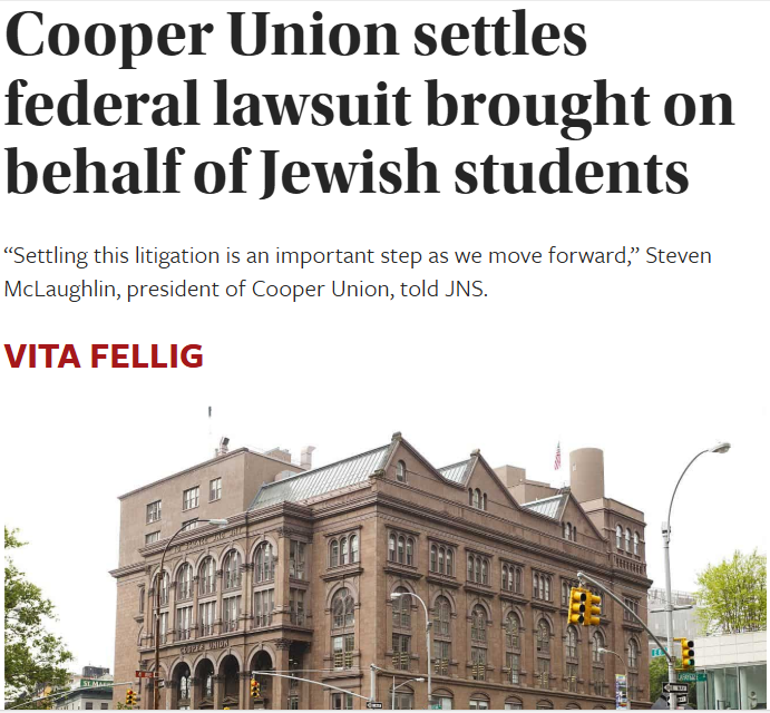 🚨 BREAKING 🚨

Cooper Union just settled a federal civil rights lawsuit after 10 Jewish students were trapped in a campus library while anti‑Israel mobs roamed the halls, unmasked and untouched.

Because of this lawsuit, Cooper Union is now forced to:

- Recognize Zionism as a