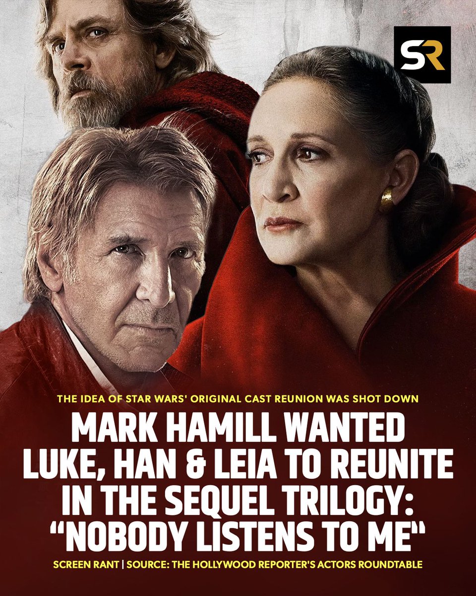 screenrant's tweet image. "I said, 'aren't we gonna have a moment where all three of us get together and raise the roof, it'll only take thirty seconds.' And JJ said, 'well, Mark, it's not Luke's story anymore.' I said, 'Star Wars wasn't Obi-Wan's story but Alec Guiness had a crucial commitment, you…